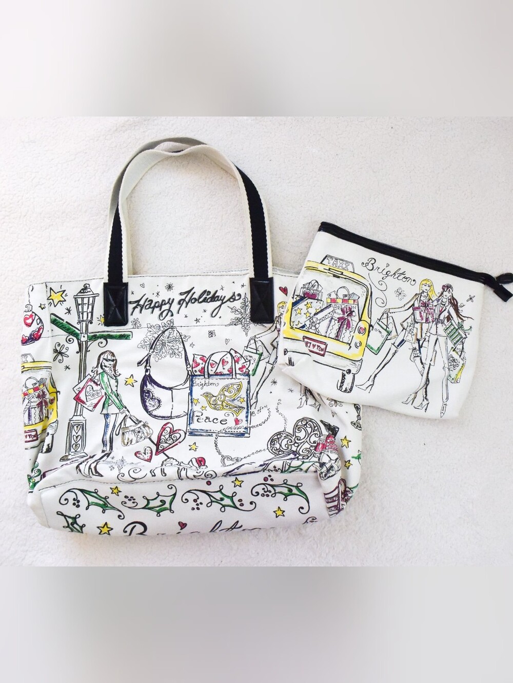 *Brighton* "Happy Holidays" Canvas Tote Bag & Matching Pouch Set